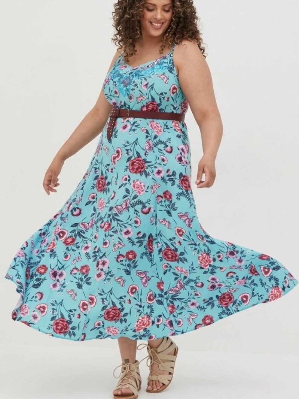 TORRID 1 Plus Size Trapeze Tank Maxi Dress Aqua Blue Red Floral Boho Sleeveless